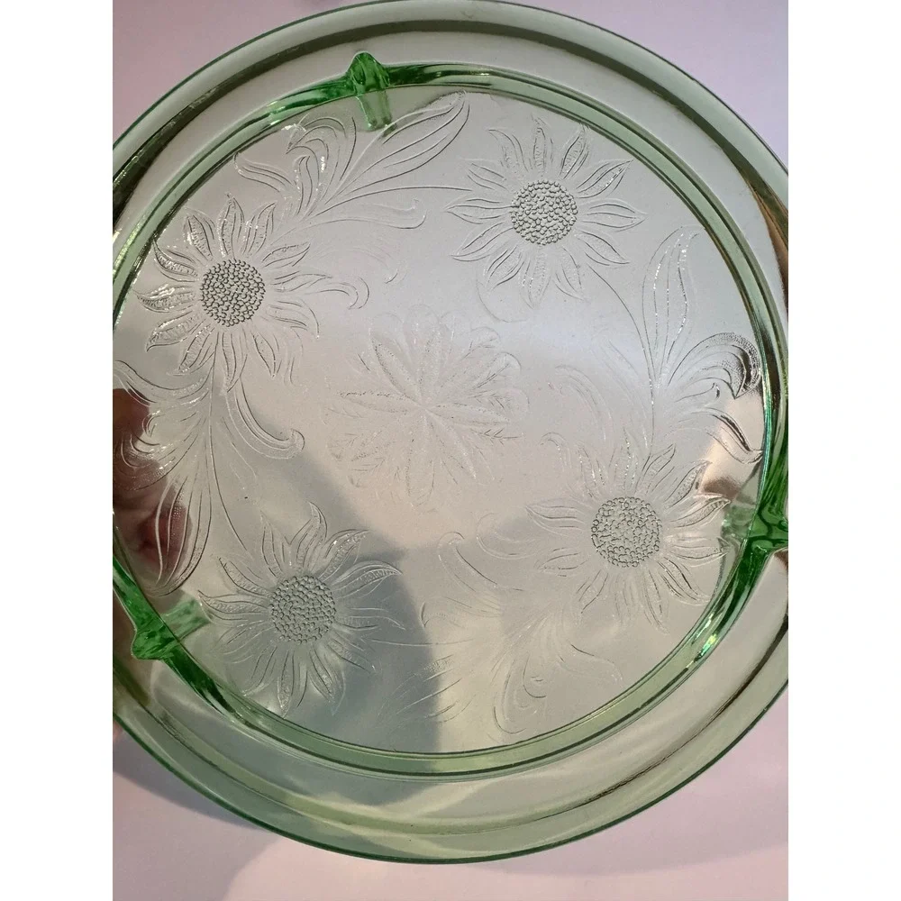 Vintage Uranium Depression Glass Cake Plate Floral Pattern Footed Glows Under UV